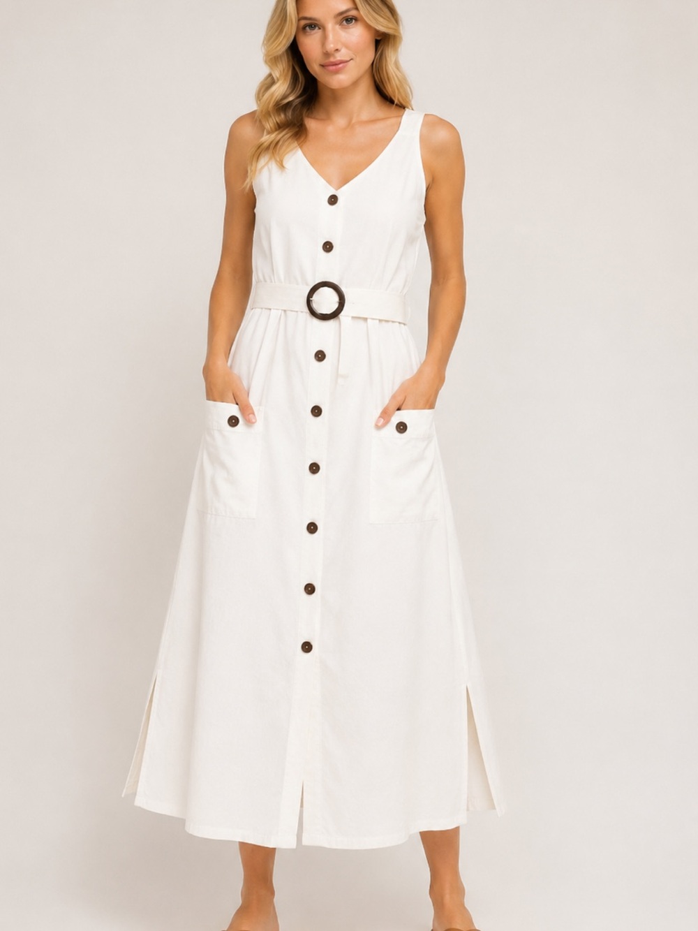 Mlle Gabrielle White Sleeveless Button-Front Maxi Dress with Ring Belt